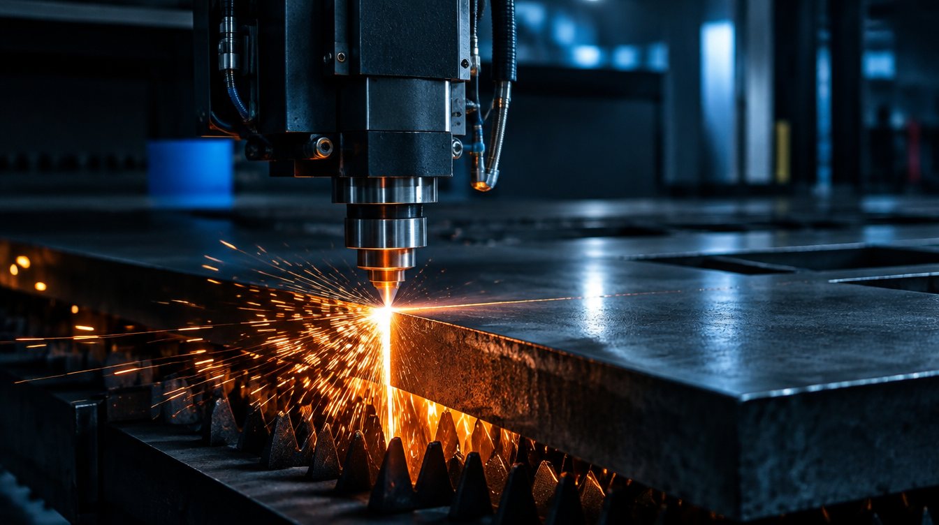 Corte a laser com fagulhas na linha de produção da Montec Mococa